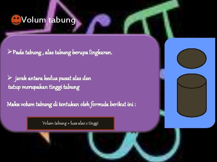 Volum tabung ØPada tabung , alas tabung berupa lingkaran. Ø jarak antara kedua pusat