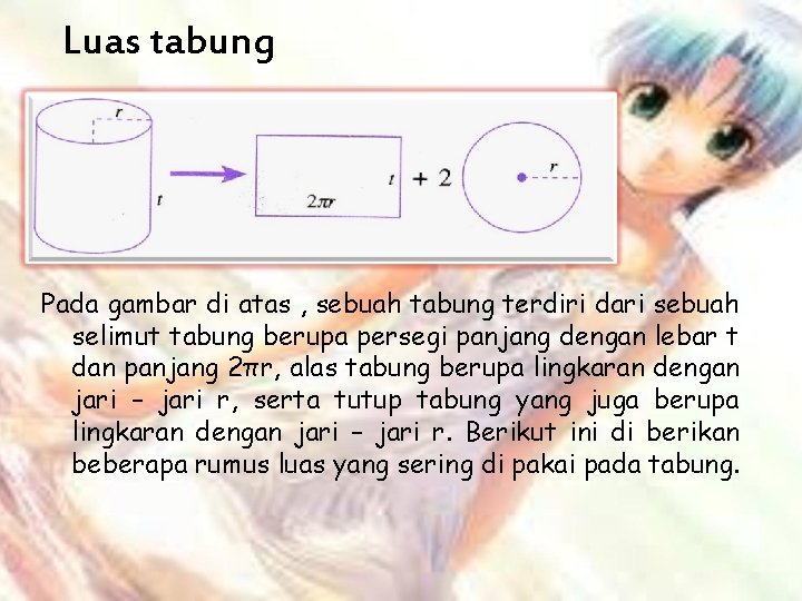 Luas tabung 2πr Pada gambar di atas , sebuah tabung terdiri dari sebuah selimut