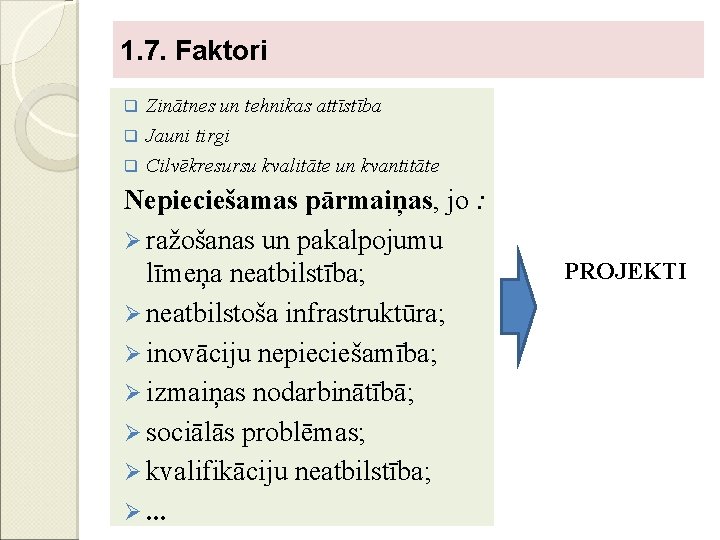 1. 7. Faktori Zinātnes un tehnikas attīstība q Jauni tirgi q Cilvēkresursu kvalitāte un