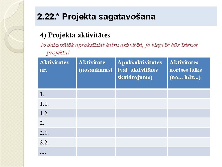 2. 22. * Projekta sagatavošana 4) Projekta aktivitātes Jo detalizētāk aprakstīsiet katru aktivitāti, jo