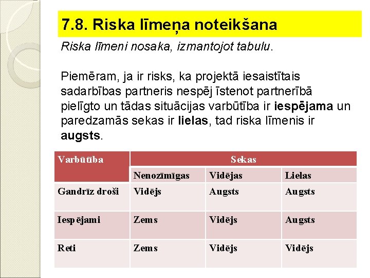 7. 8. Riska līmeņa noteikšana Riska līmeni nosaka, izmantojot tabulu. Piemēram, ja ir risks,