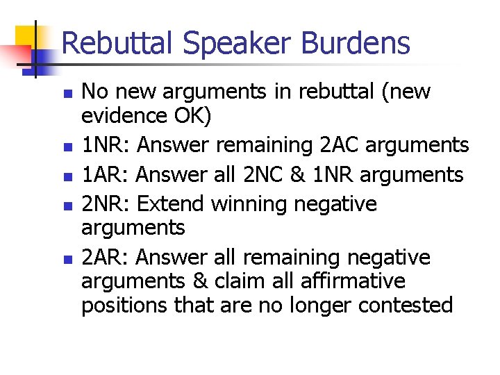 Rebuttal Speaker Burdens n n n No new arguments in rebuttal (new evidence OK)