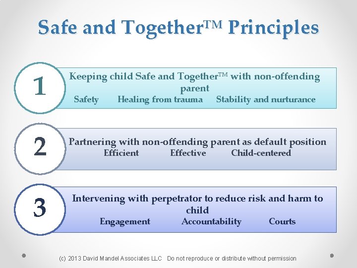 Safe and Together™ Principles 1 Keeping child Safe and Together™ with non-offending parent 2