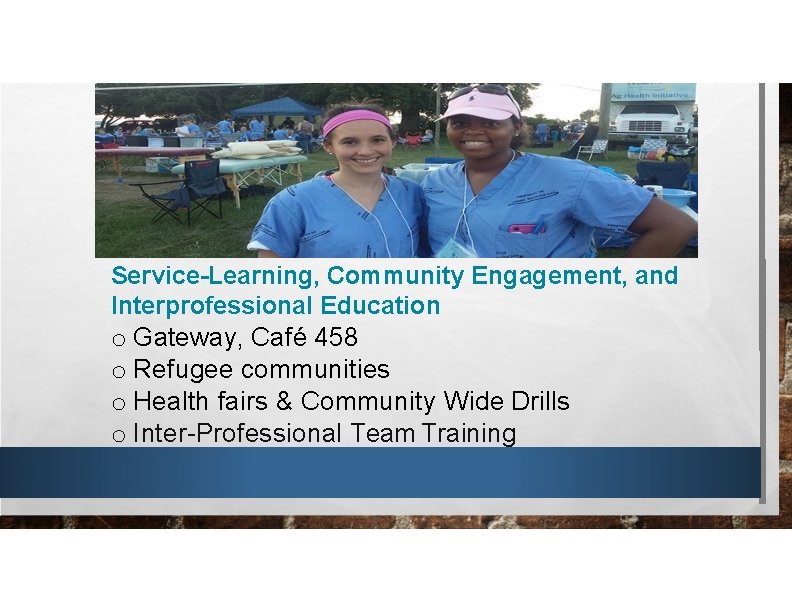 Service-Learning, Community Engagement, and Interprofessional Education o Gateway, Café 458 o Refugee communities o