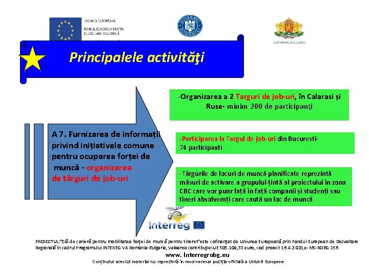 Principalele activităţi -Organizarea a 2 Targuri de job-uri, în Calarasi și Ruse- minim 200 Principalele activităţi -Organizarea a 2 Targuri de job-uri, în Calarasi și Ruse- minim 200