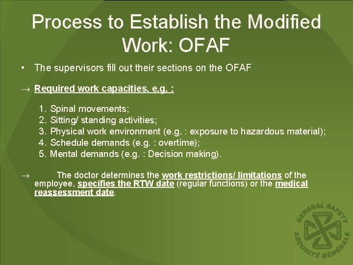 Process to Establish the Modified Work: OFAF • The supervisors fill out their sections