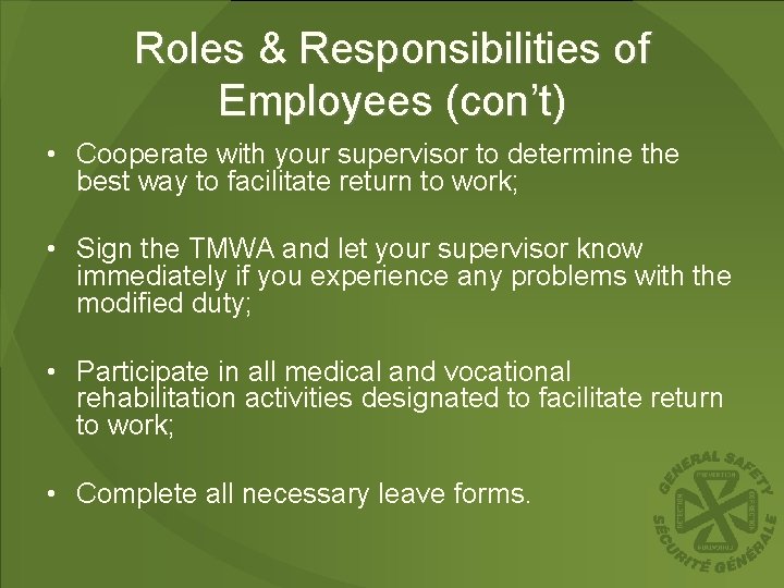 Roles & Responsibilities of Employees (con’t) • Cooperate with your supervisor to determine the