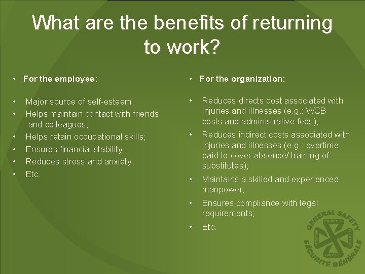 What are the benefits of returning to work? • For the employee: • For