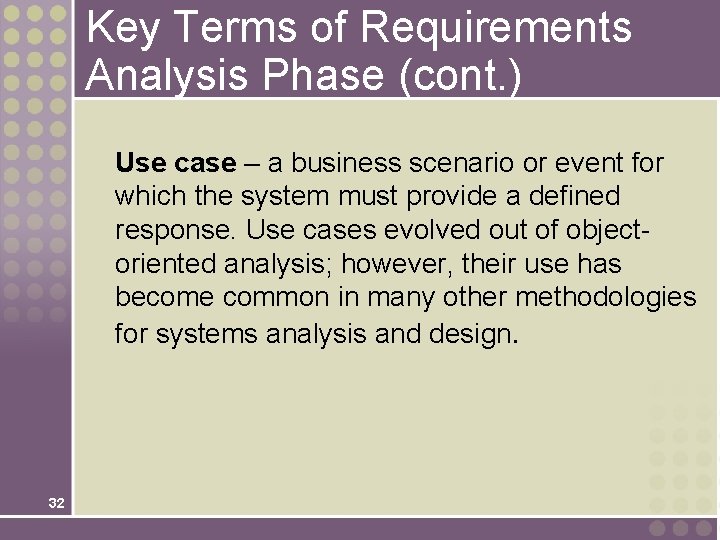 Key Terms of Requirements Analysis Phase (cont. ) Use case – a business scenario