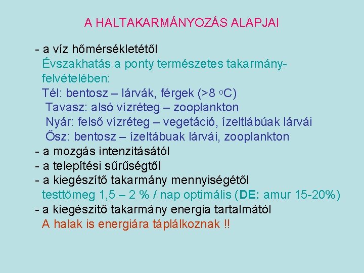 A HALTAKARMÁNYOZÁS ALAPJAI - a víz hőmérsékletétől Évszakhatás a ponty természetes takarmányfelvételében: Tél: bentosz