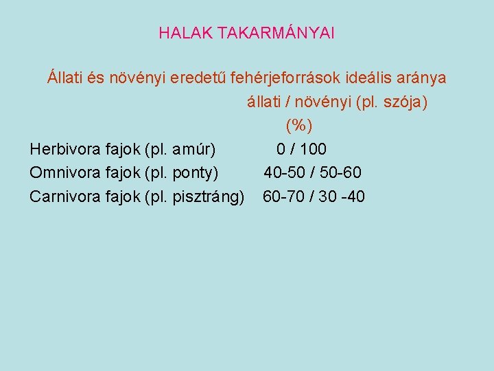 HALAK TAKARMÁNYAI Állati és növényi eredetű fehérjeforrások ideális aránya állati / növényi (pl. szója)