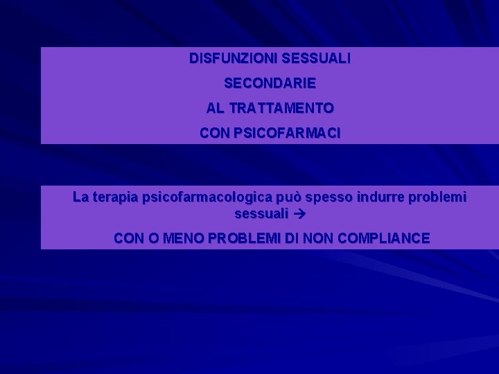 DISFUNZIONI SESSUALI SECONDARIE AL TRATTAMENTO CON PSICOFARMACI La terapia psicofarmacologica può spesso indurre problemi