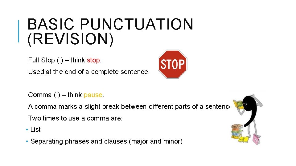 BASIC PUNCTUATION (REVISION) Full Stop (. ) – think stop. Used at the end