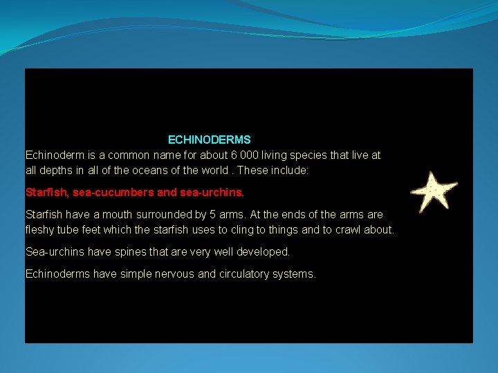 ECHINODERMS Echinoderm is a common name for about 6 000 living species that live