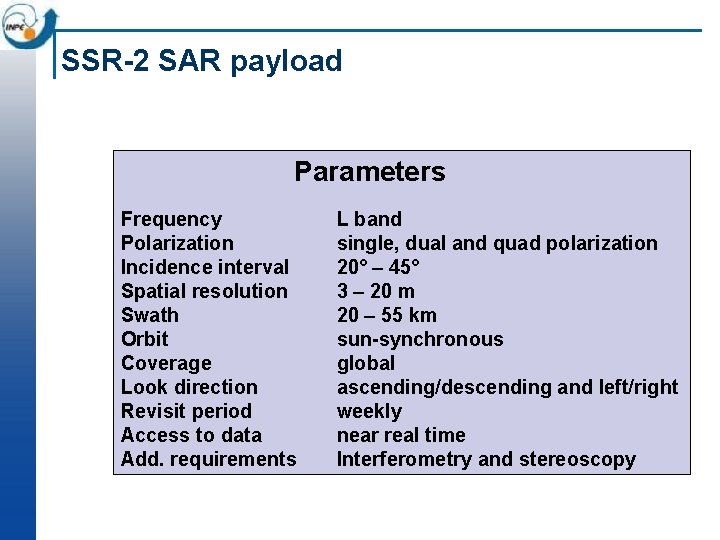 SSR-2 SAR payload Parameters Frequency Polarization Incidence interval Spatial resolution Swath Orbit Coverage Look