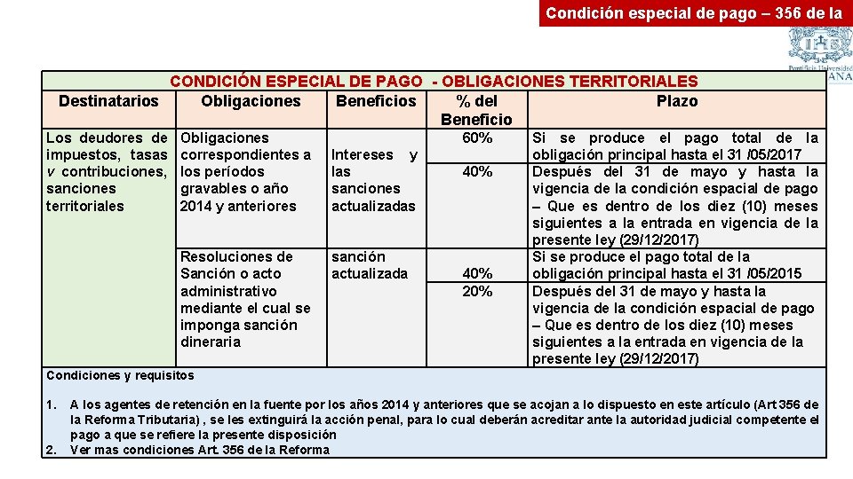 Condición especial de pago – 356 de la R. T. CONDICIÓN ESPECIAL DE PAGO