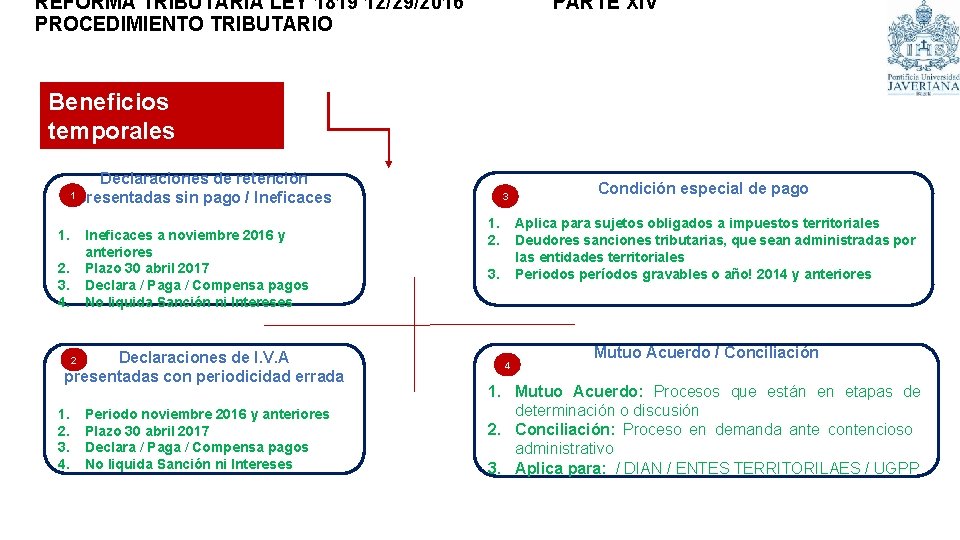REFORMA TRIBUTARIA LEY 1819 12/29/2016 PARTE XIV PROCEDIMIENTO TRIBUTARIO Beneficios temporales 1 Declaraciones de