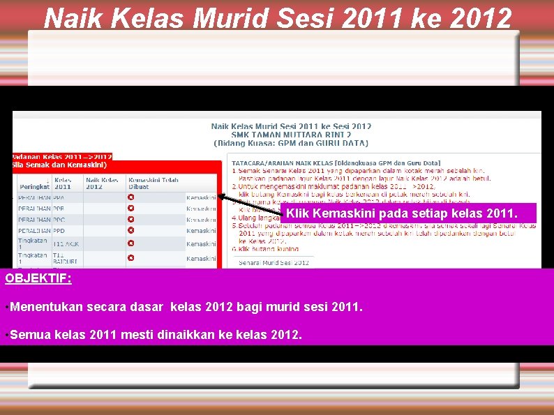 Naik Kelas Murid Sesi 2011 ke 2012 Klik Kemaskini pada setiap kelas 2011. OBJEKTIF: