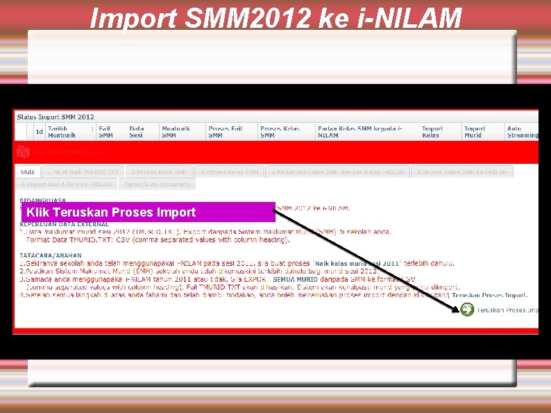 Import SMM 2012 ke i-NILAM Klik Teruskan Proses Import 