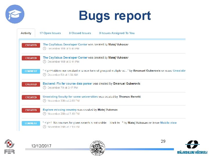 Bugs report 29 12/12/2017 