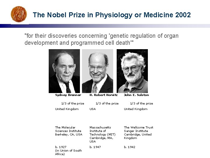 The Nobel Prize in Physiology or Medicine 2002 "for their discoveries concerning 'genetic regulation