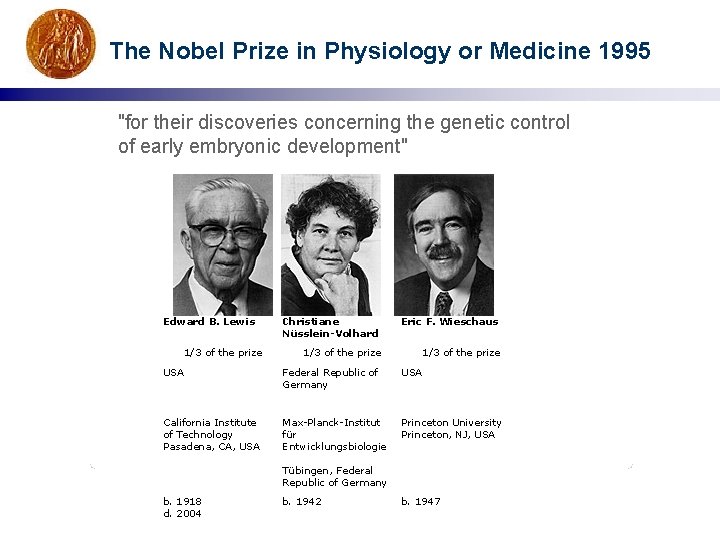 The Nobel Prize in Physiology or Medicine 1995 "for their discoveries concerning the genetic