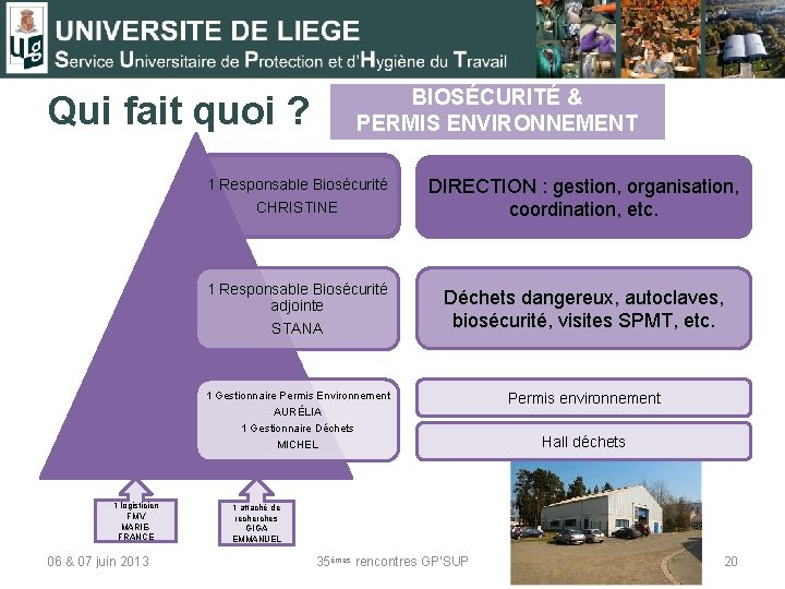 BIOSÉCURITÉ & PERMIS ENVIRONNEMENT Qui fait quoi ? CHRISTINE DIRECTION : gestion, organisation, coordination,