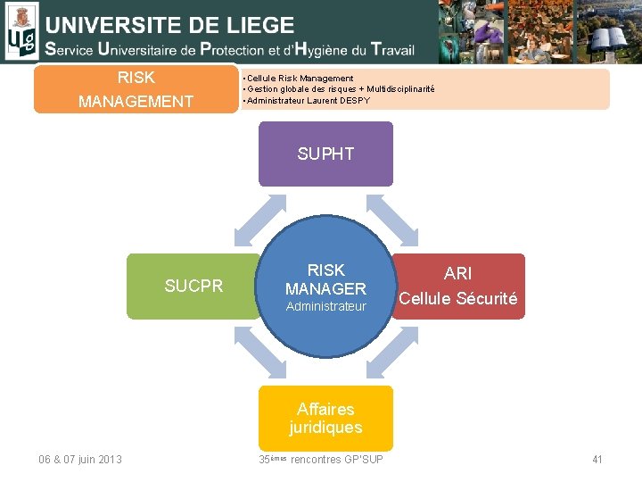 RISK MANAGEMENT • Cellule Risk Management • Gestion globale des risques + Multidisciplinarité •