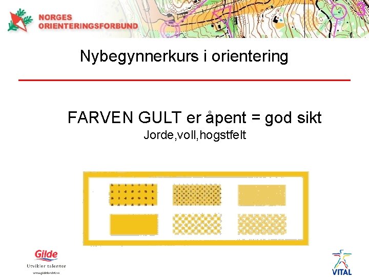 Nybegynnerkurs i orientering FARVEN GULT er åpent = god sikt Jorde, voll, hogstfelt 