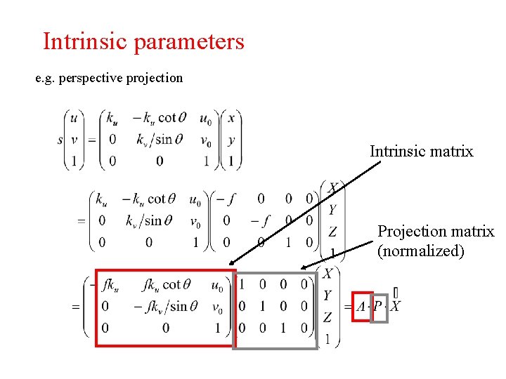 Intrinsic parameters e. g. perspective projection Intrinsic matrix Projection matrix (normalized) 