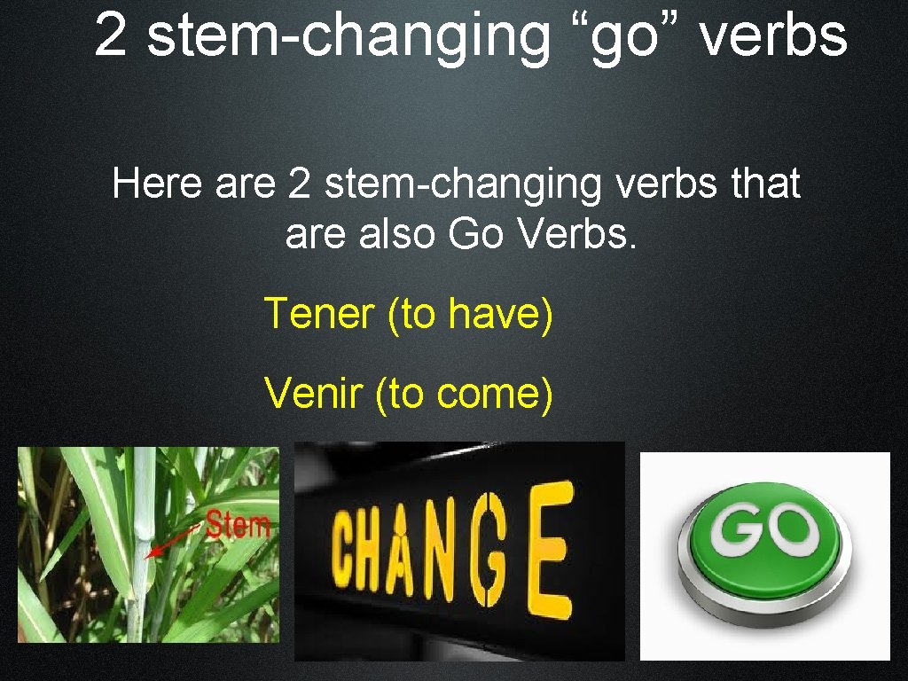 2 stem-changing “go” verbs Here are 2 stem-changing verbs that are also Go Verbs.
