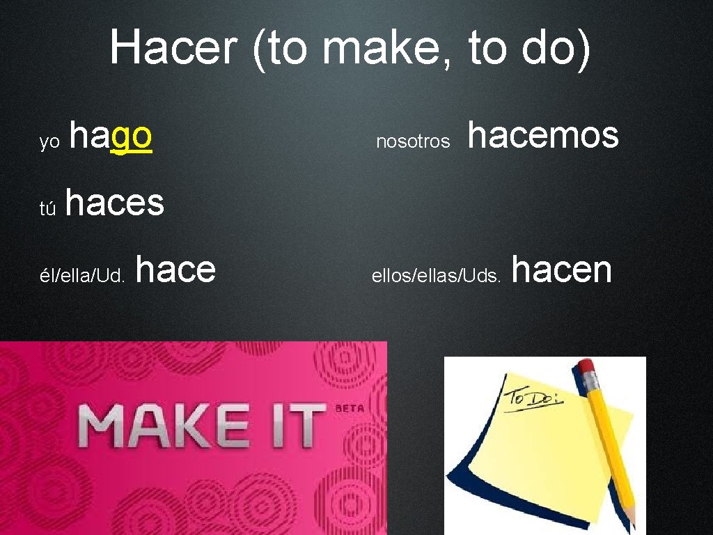 Hacer (to make, to do) yo hago tú haces él/ella/Ud. hace nosotros hacemos ellos/ellas/Uds.