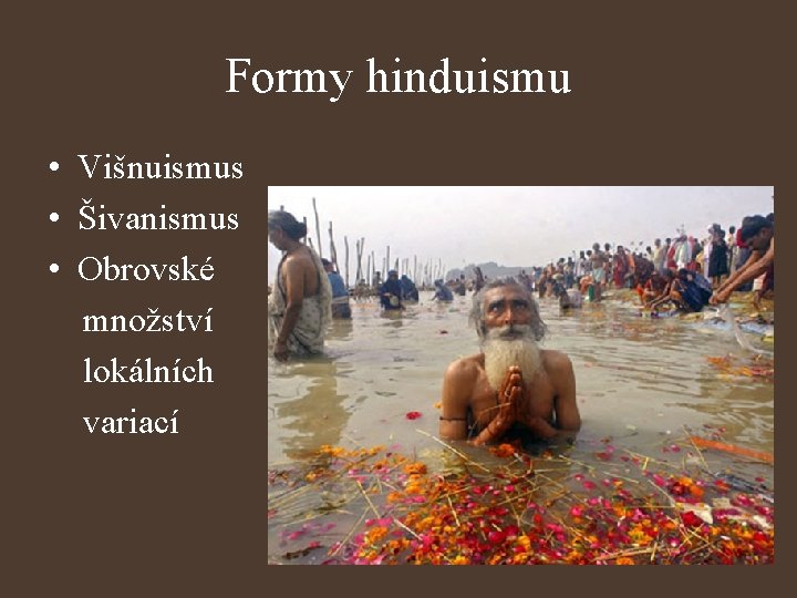Formy hinduismu • Višnuismus • Šivanismus • Obrovské množství lokálních variací 