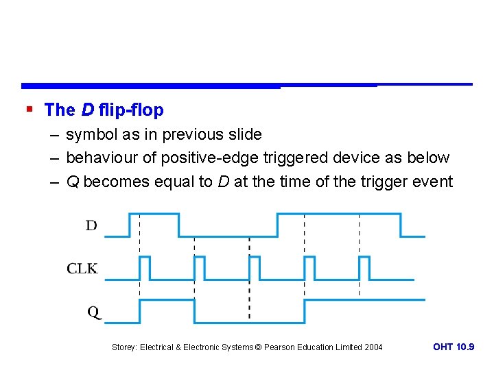 § The D flip-flop – symbol as in previous slide – behaviour of positive-edge