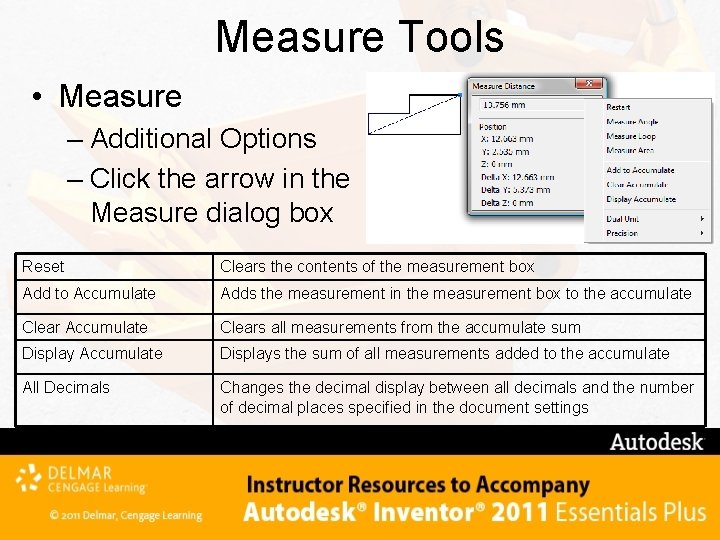 Measure Tools • Measure – Additional Options – Click the arrow in the Measure