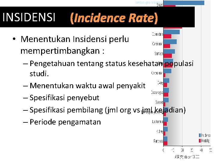 INSIDENSI (Incidence Rate) • Menentukan Insidensi perlu mempertimbangkan : – Pengetahuan tentang status kesehatan