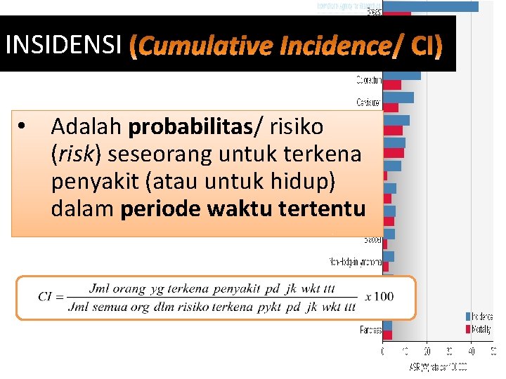 INSIDENSI • Adalah probabilitas/ risiko (risk) seseorang untuk terkena penyakit (atau untuk hidup) dalam