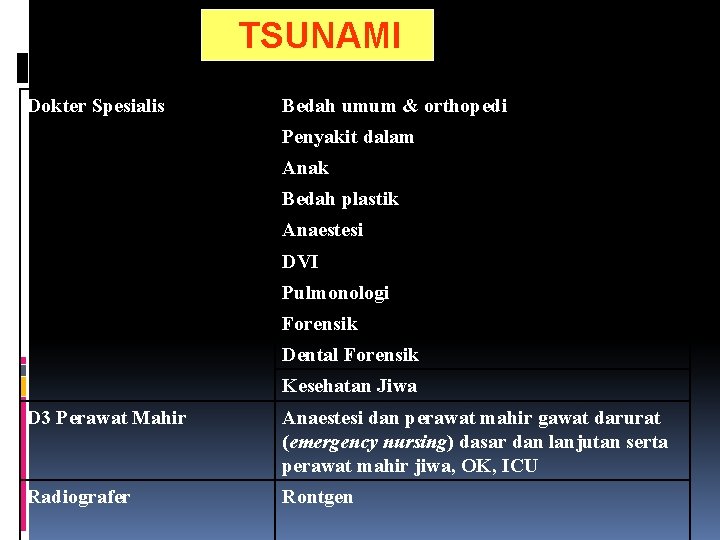 TSUNAMI Dokter Spesialis Bedah umum & orthopedi Penyakit dalam Anak Bedah plastik Anaestesi DVI