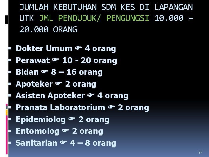 JUMLAH KEBUTUHAN SDM KES DI LAPANGAN UTK JML PENDUDUK/ PENGUNGSI 10. 000 – 20.