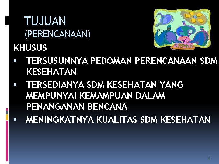 TUJUAN (PERENCANAAN) KHUSUS TERSUSUNNYA PEDOMAN PERENCANAAN SDM KESEHATAN TERSEDIANYA SDM KESEHATAN YANG MEMPUNYAI KEMAMPUAN