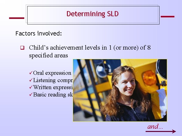 Determining SLD Factors involved: Child’s achievement levels in 1 (or more) of 8 specified