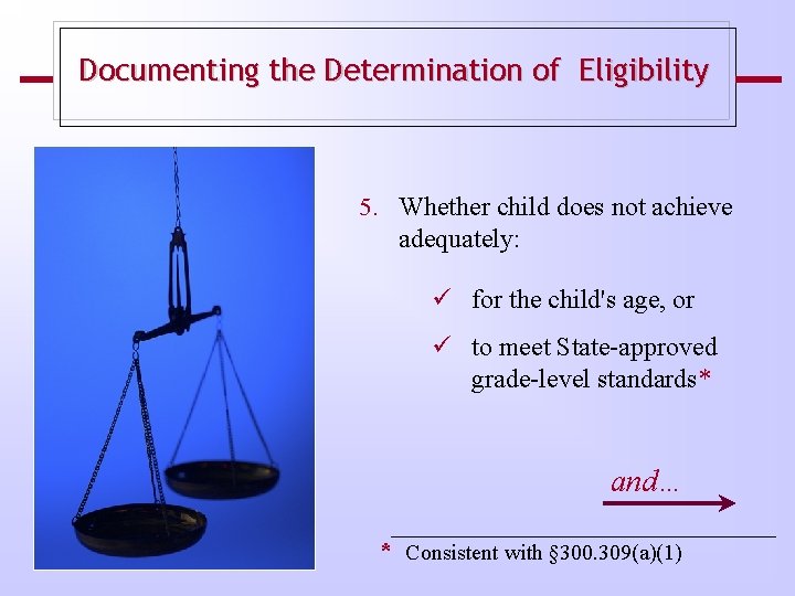 Documenting the Determination of Eligibility 5. Whether child does not achieve adequately: ü for