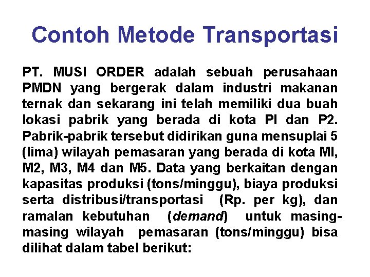 Contoh Metode Transportasi PT. MUSI ORDER adalah sebuah perusahaan PMDN yang bergerak dalam industri