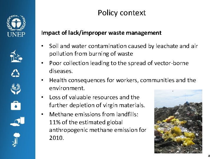 Policy context Impact of lack/improper waste management • Soil and water contamination caused by