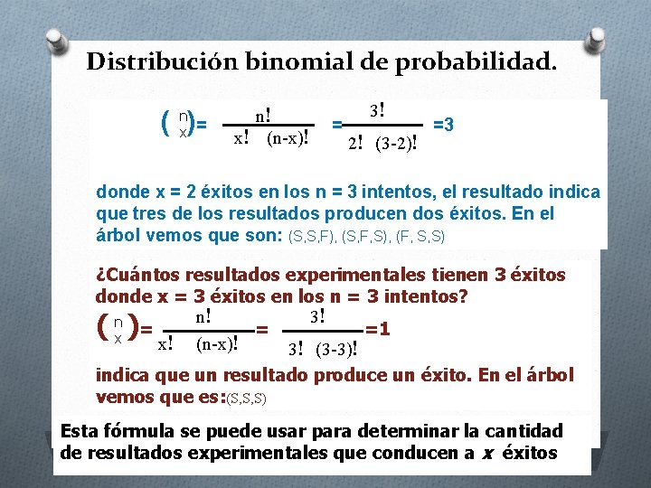 Distribución binomial de probabilidad. ( )= n x n! x! (n-x)! = 3! 2!