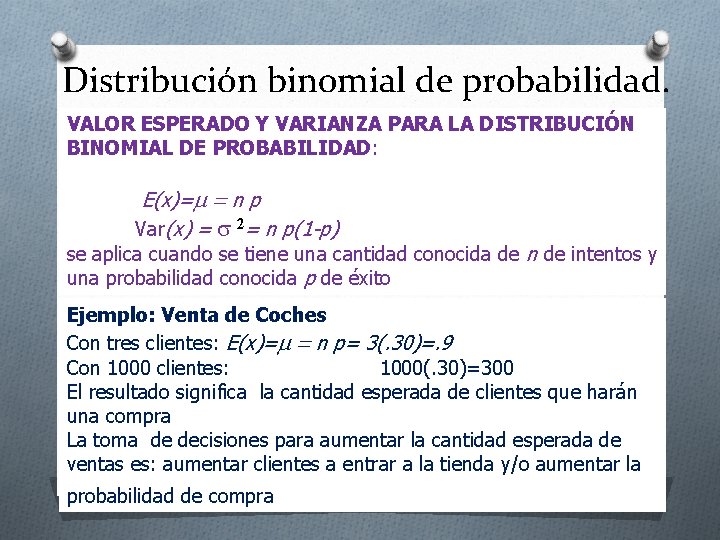 Distribución binomial de probabilidad. VALOR ESPERADO Y VARIANZA PARA LA DISTRIBUCIÓN BINOMIAL DE PROBABILIDAD: