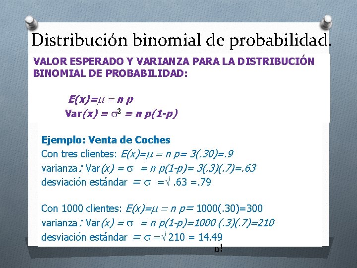 Distribución binomial de probabilidad. VALOR ESPERADO Y VARIANZA PARA LA DISTRIBUCIÓN BINOMIAL DE PROBABILIDAD: