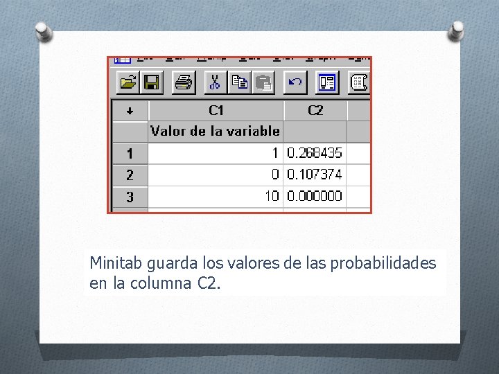 Minitab guarda los valores de las probabilidades en la columna C 2. 