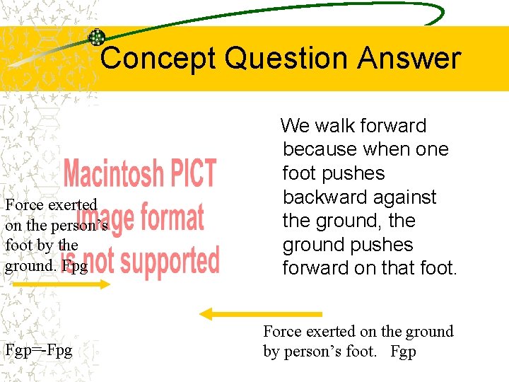 Concept Question Answer Force exerted on the person’s foot by the ground. Fpg Fgp=-Fpg