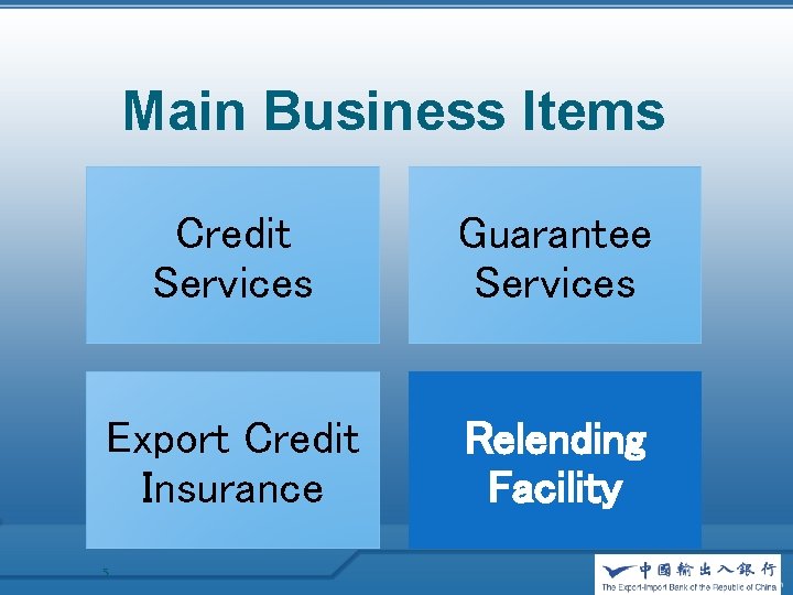 Main Business Items Credit Services Guarantee Services Export Credit Insurance Relending Facility 5 
